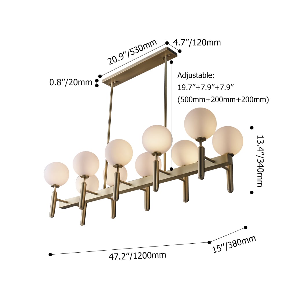 Modern 10-Light Linear Kitchen Island Light with Double Row White Globe Shaped Lamps window image
