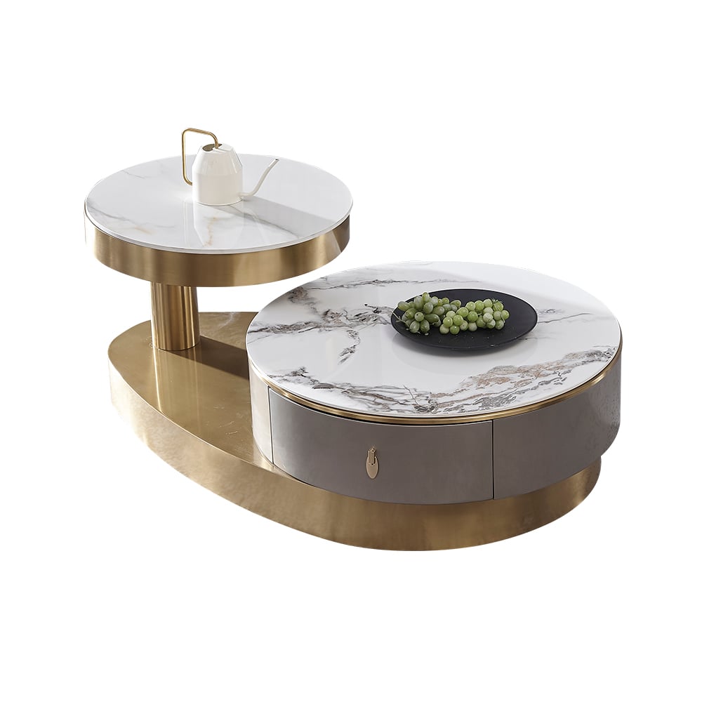 Table basse moderne à double plateau en pierre frittée créative avec base en acier inoxydable image de fenêtre