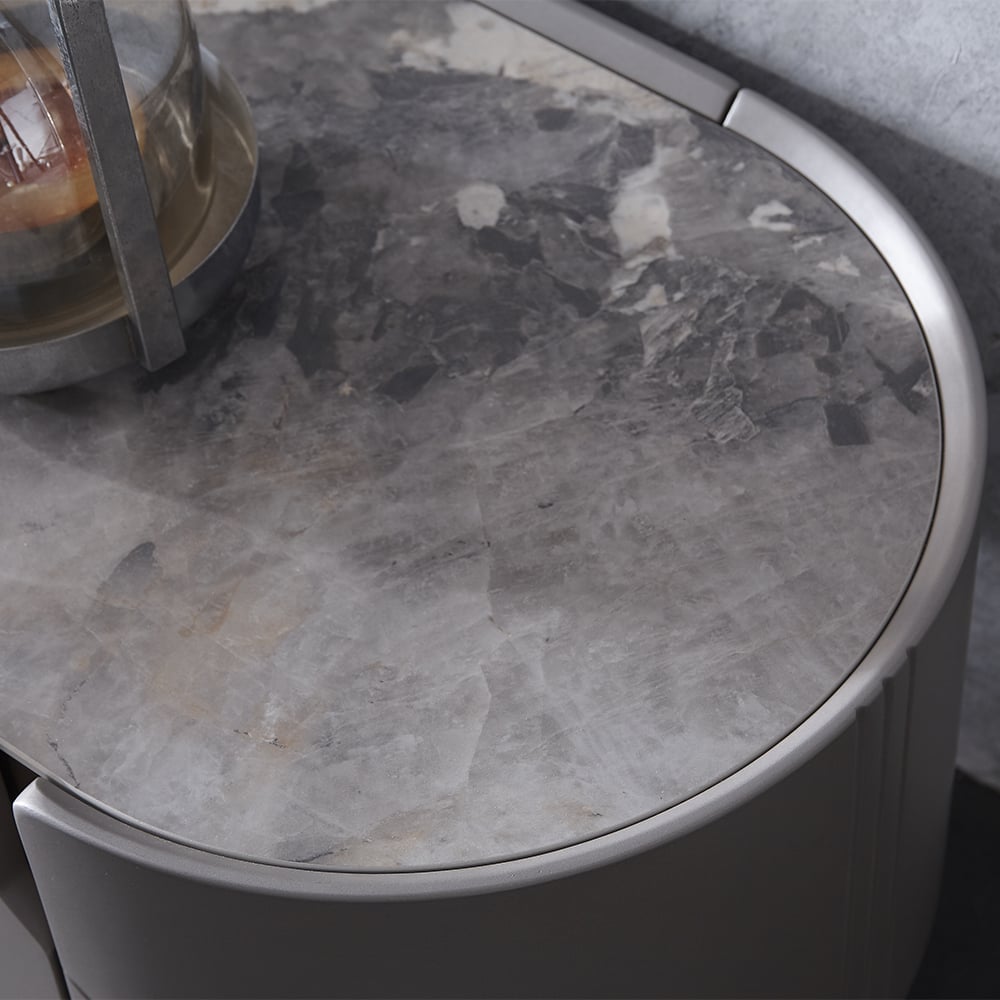 Meuble TV autoportant ovale en bois de frêne gris de 78,7 po avec dessus en pierre frittée avec 2 tiroirs image de fenêtre