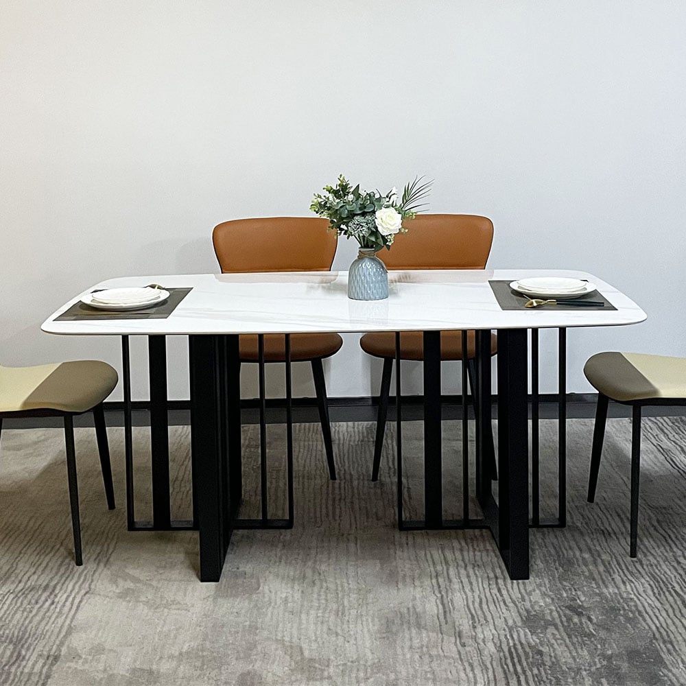 Modern Rectangle Sintered Stone-Top Dining Table Double Pedestal Carbon Steel Base window image