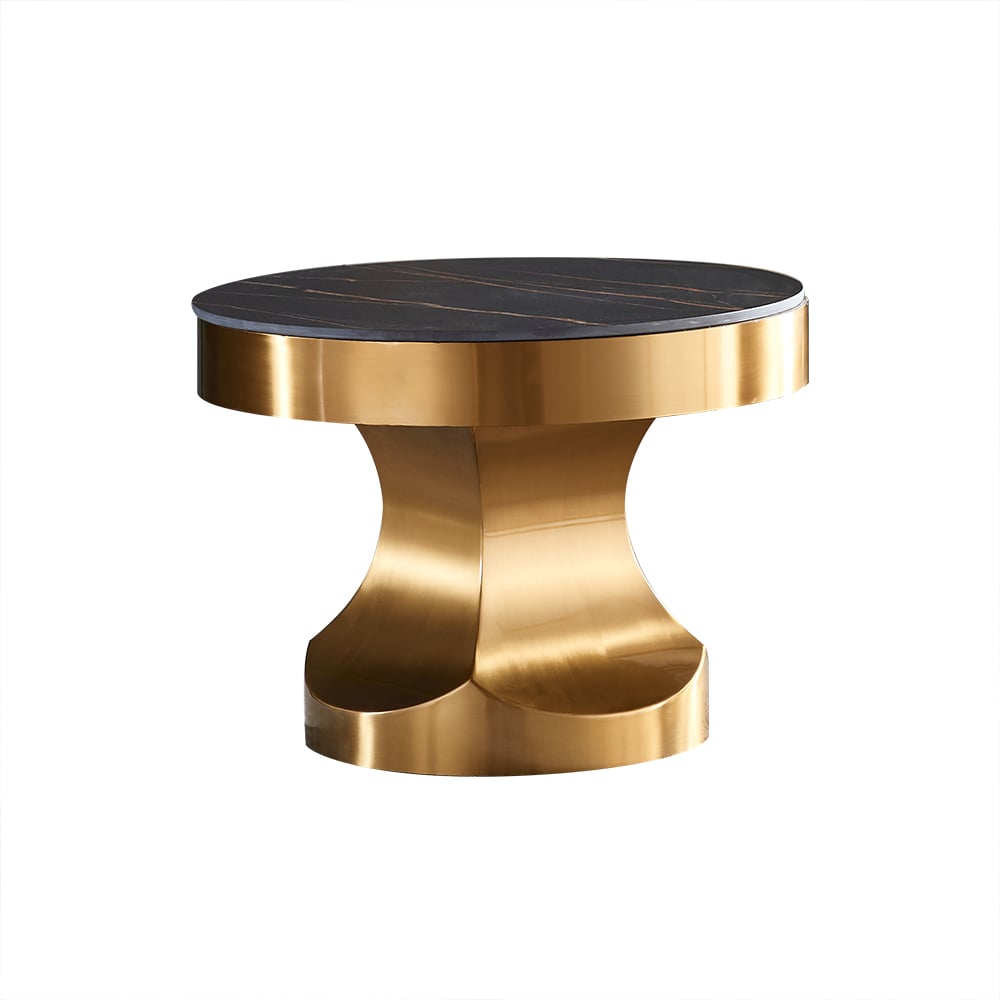 Mesa auxiliar superior de piedra sinterizada dorada y negra con base de acero inoxidable Imagen de ventana