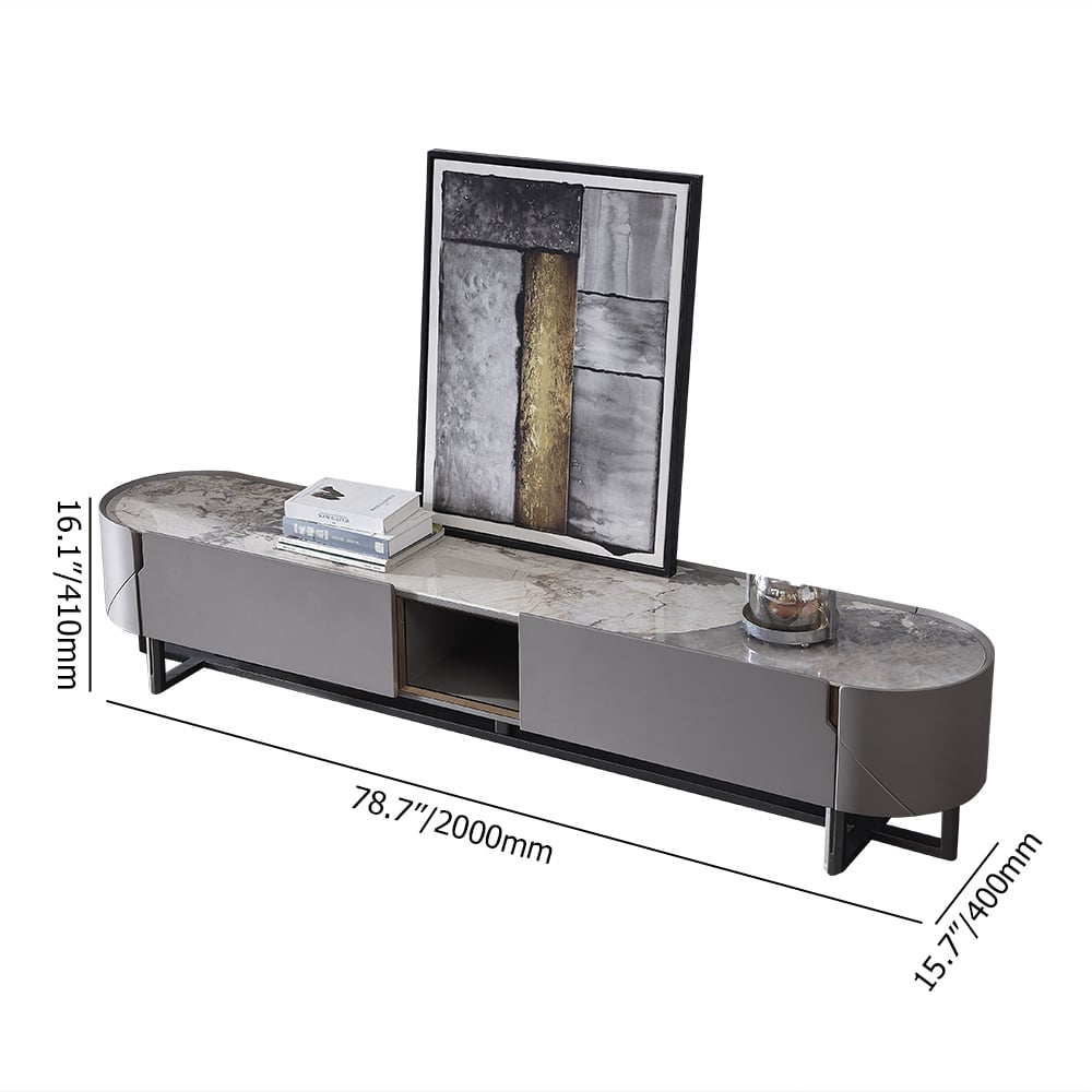 Meuble TV autoportant ovale en bois de frêne gris de 78,7 po avec dessus en pierre frittée avec 2 tiroirs image de fenêtre