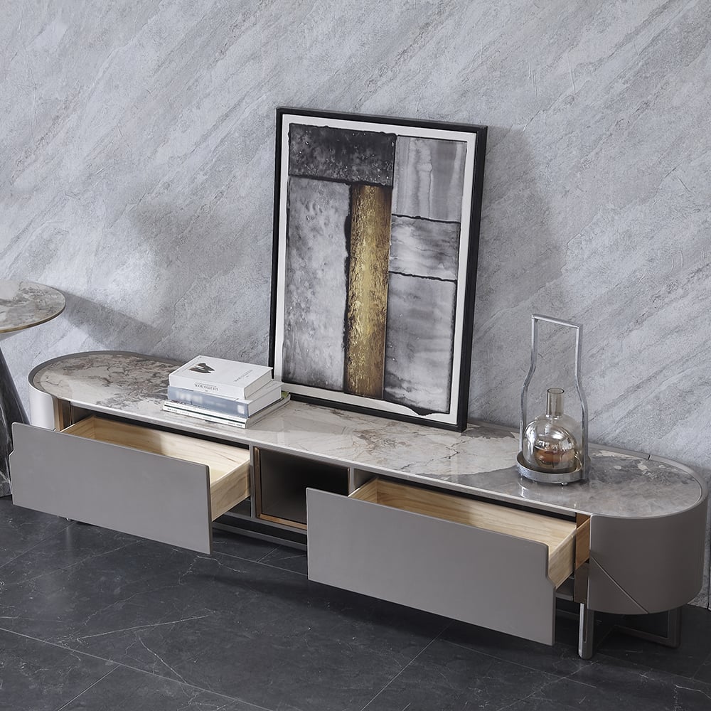 Meuble TV autoportant ovale en bois de frêne gris de 78,7 po avec dessus en pierre frittée avec 2 tiroirs image de fenêtre