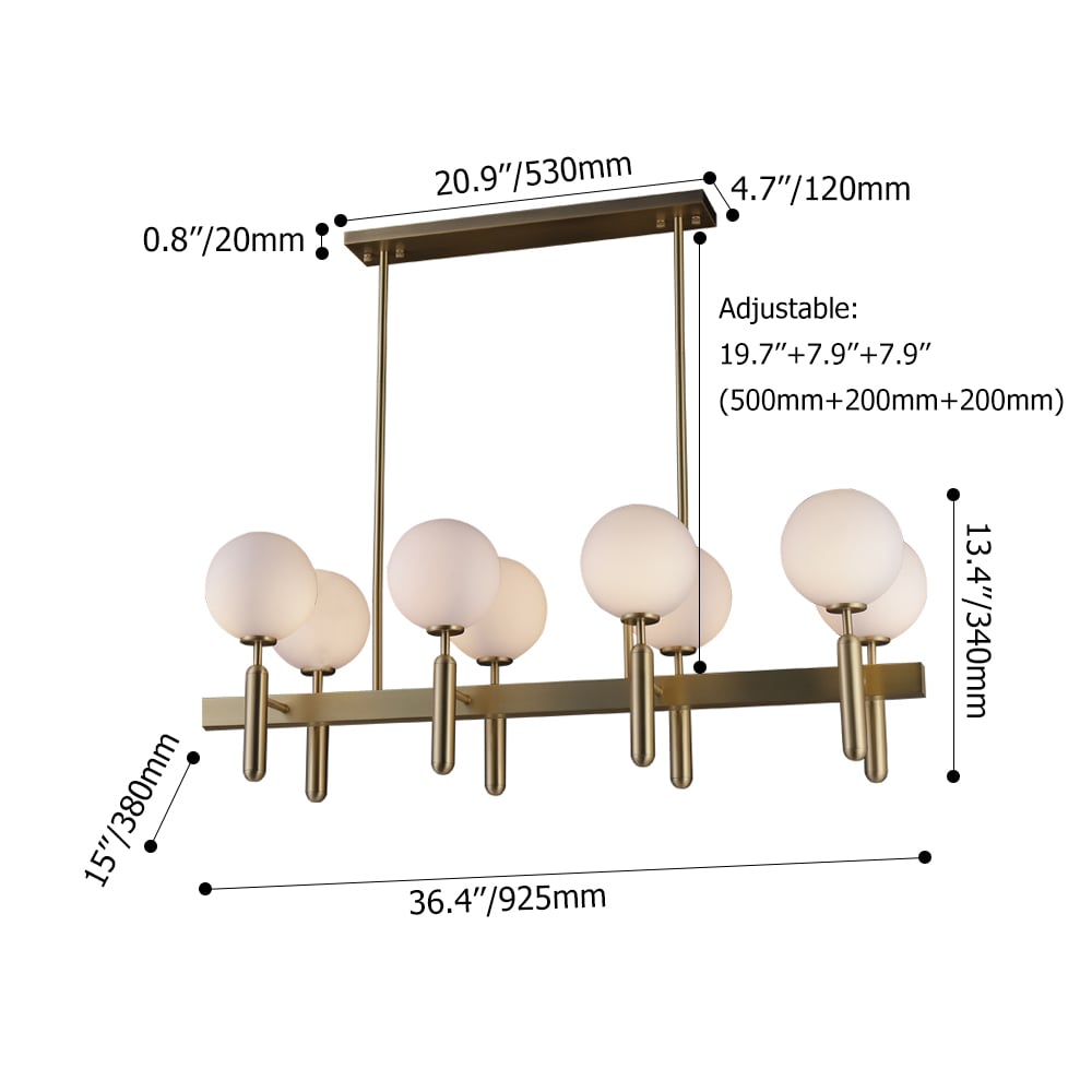 Modern 10-Light Linear Kitchen Island Light with Double Row White Globe Shaped Lamps window image