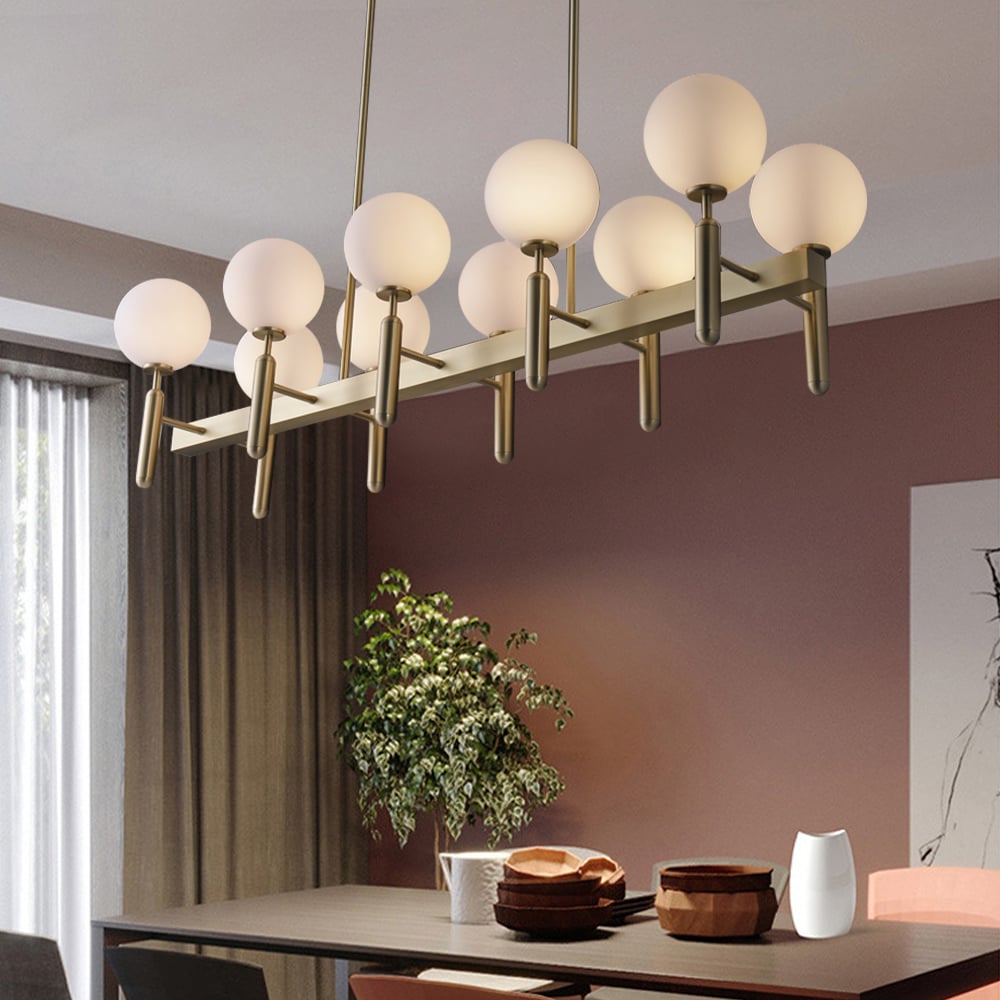 Modern 10-Light Linear Kitchen Island Light with Double Row White Globe Shaped Lamps window image