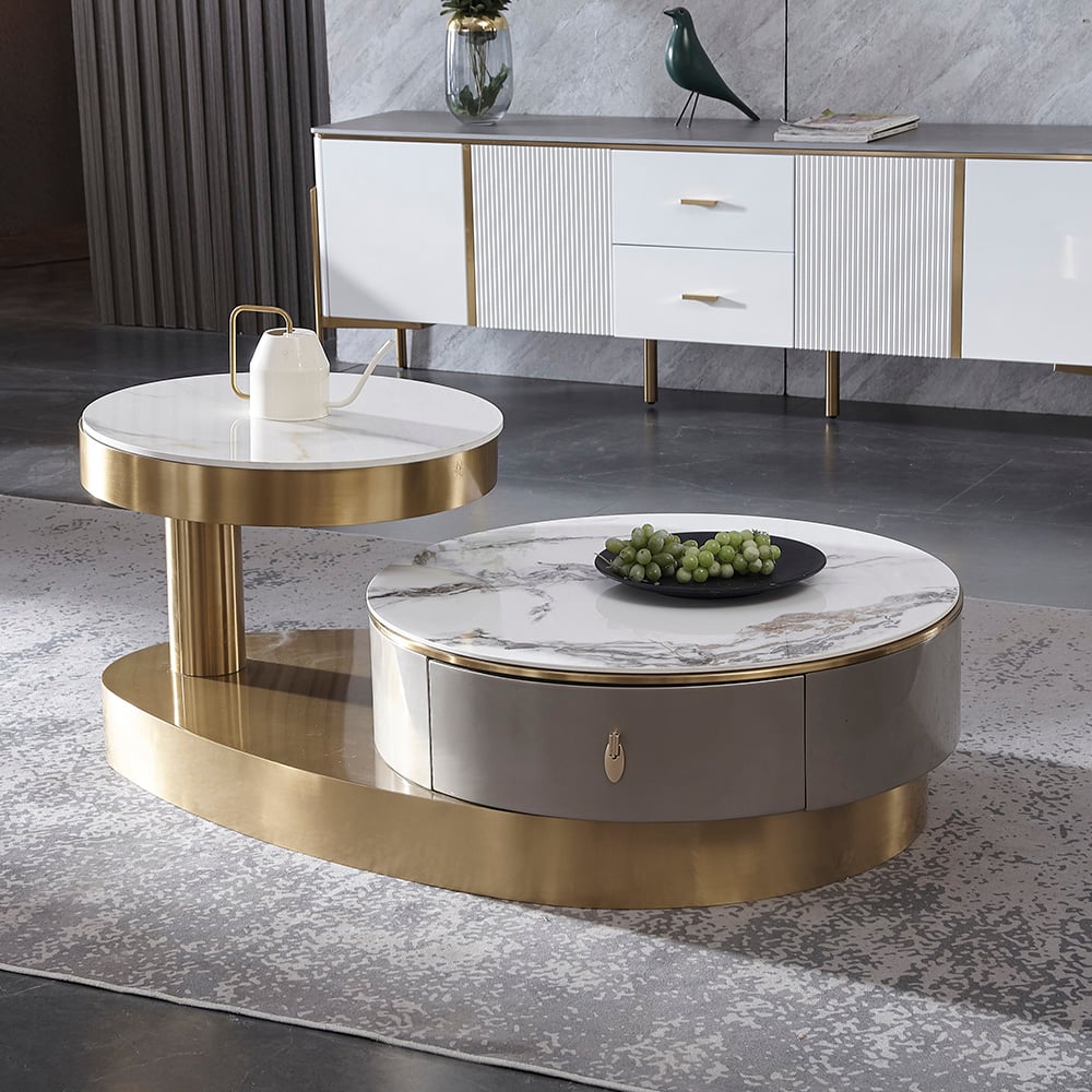 Table basse moderne à double plateau en pierre frittée créative avec base en acier inoxydable image de fenêtre