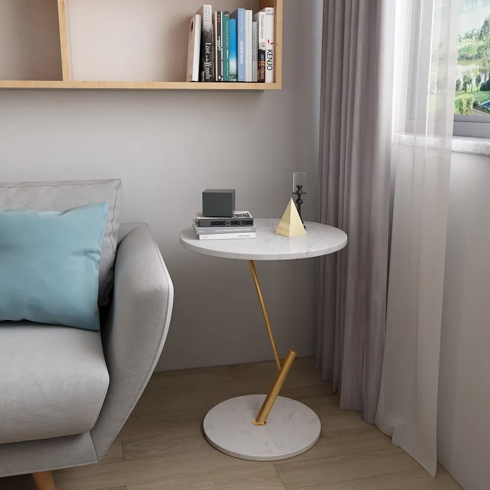 White Round End Table Modern Marble Top Side Table window image