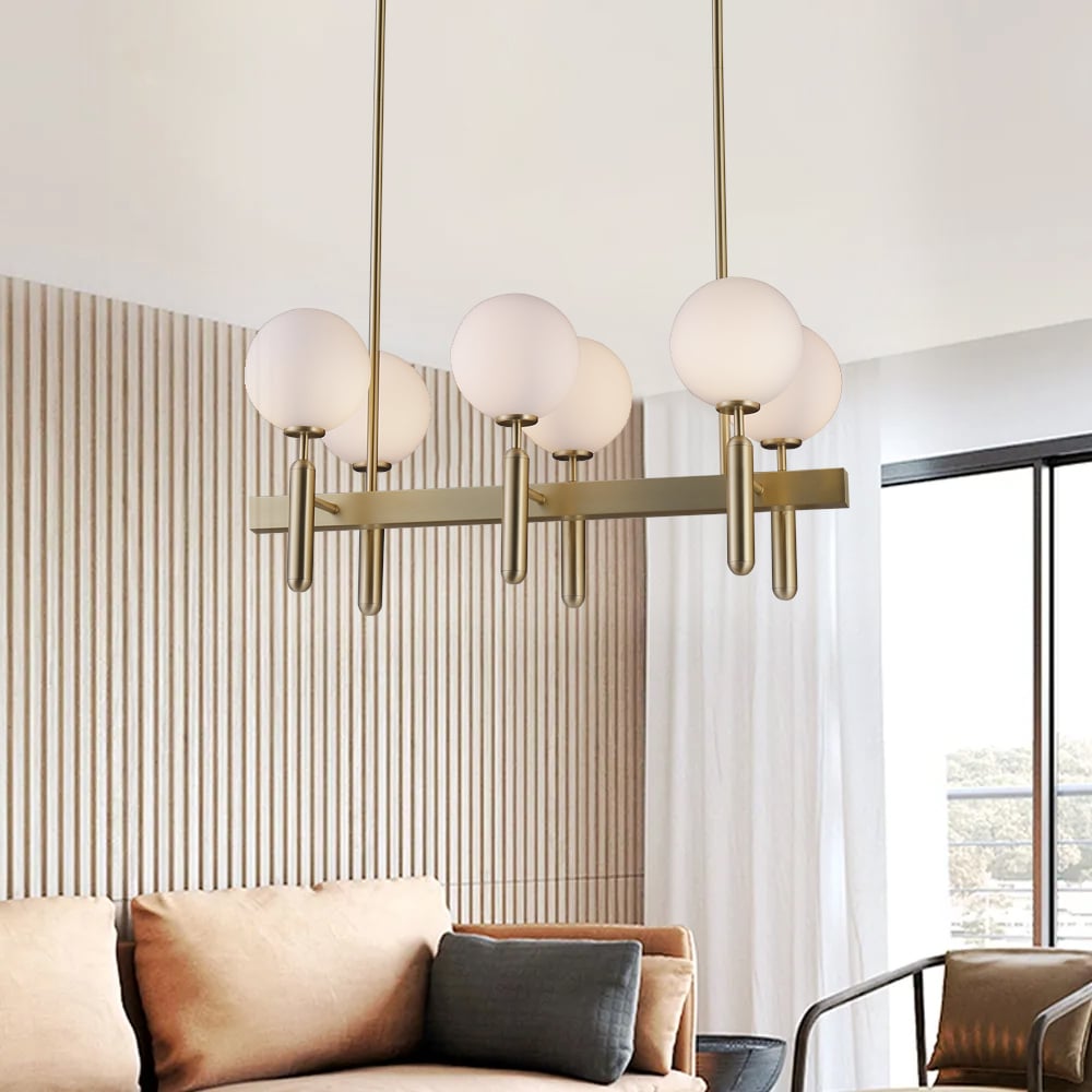 Modern 10-Light Linear Kitchen Island Light with Double Row White Globe Shaped Lamps window image