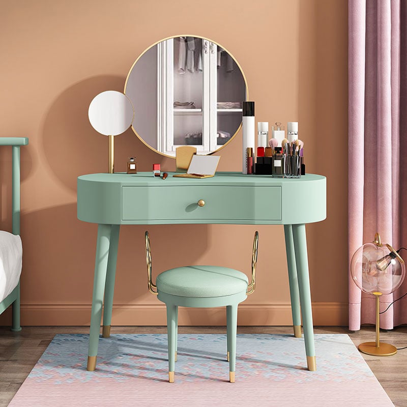Elegant Makeup Vanity Table Set 2 Mirrors with Drawer & Stool Brushed Gold Green window image