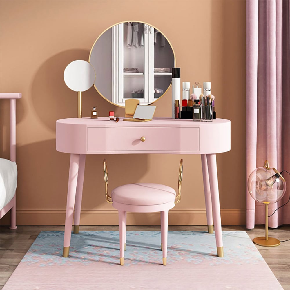 Elegant Makeup Vanity Table Set 2 Mirrors with Drawer & Stool Brushed Gold Pink window image