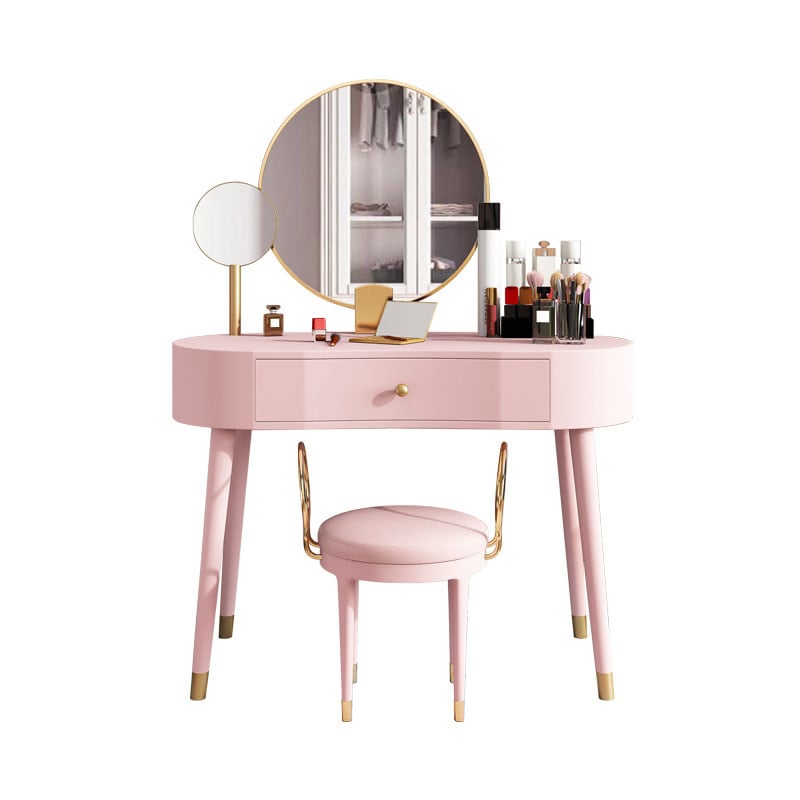 Elegant Makeup Vanity Table Set 2 Mirrors with Drawer & Stool Brushed Gold Pink window image
