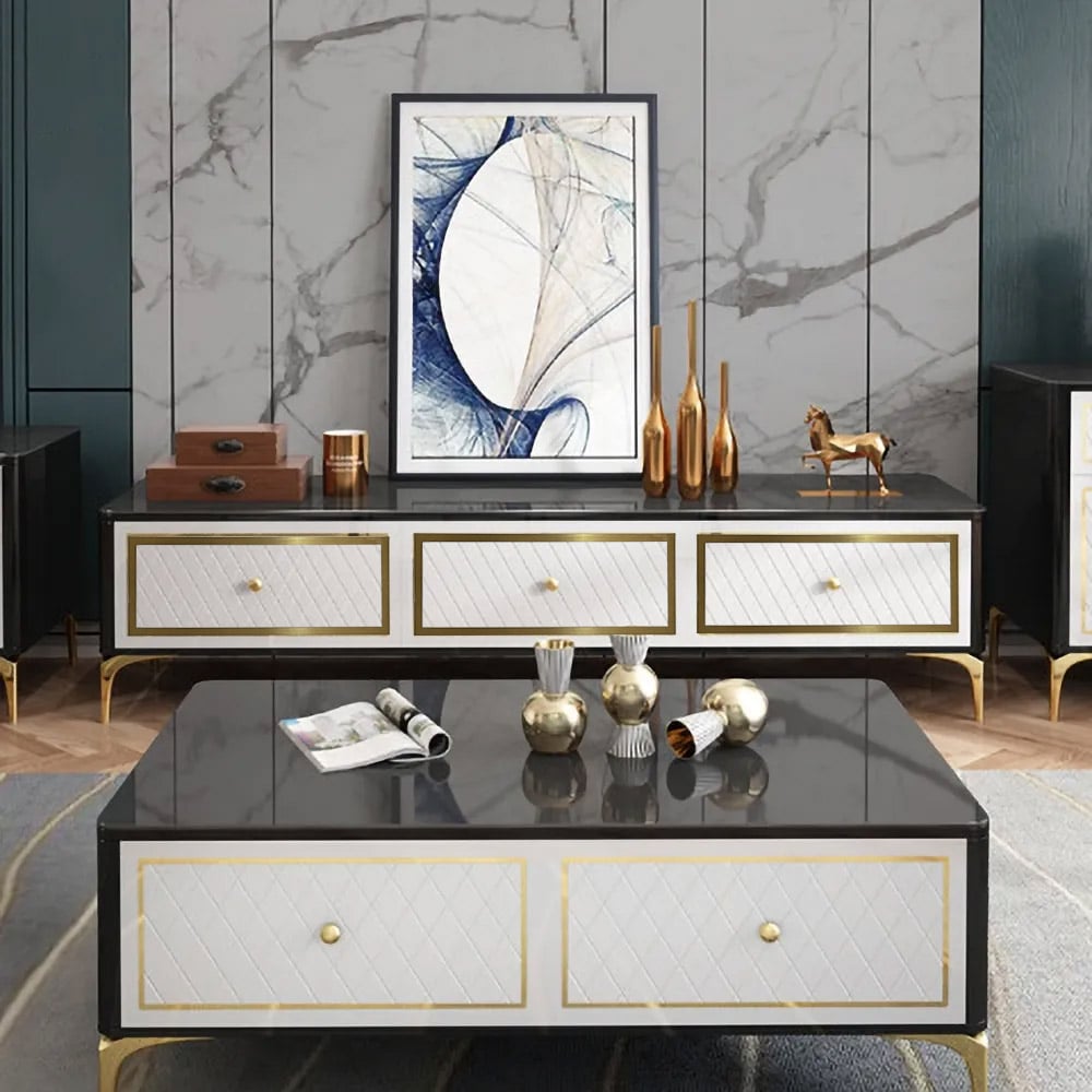 White & Black TV Stand Tempered Glass Top Media Console for TVs up to 80" in Gold window image