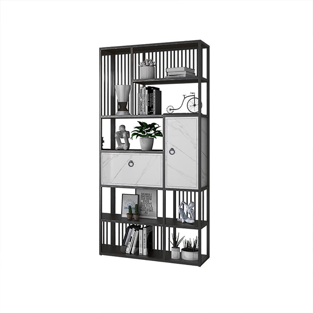 Bibliothèque géométrique moderne à 5 niveaux 1800 mm avec 1 tiroir et 1 porte en noir et or image de fenêtre