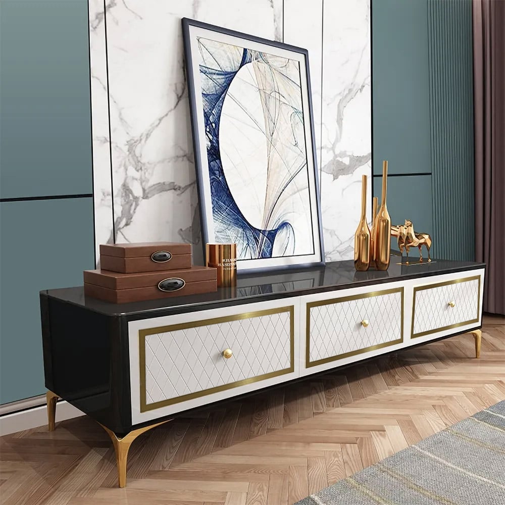 White & Black TV Stand Tempered Glass Top Media Console for TVs up to 80" in Gold window image