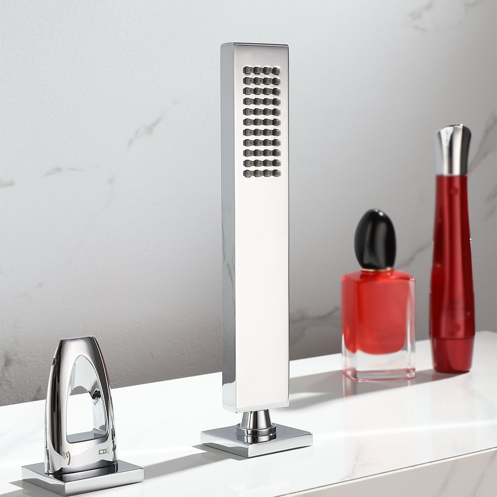 Modern Deck Mounted 3-Handle Roman Tub Faucet with Sprayer in Polished Chrome window image