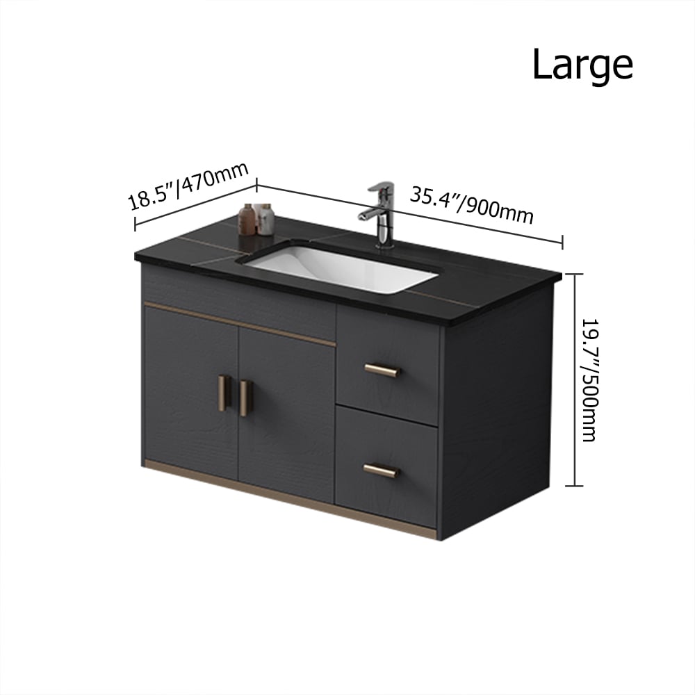 Ensemble de meuble-lavabo flottant de 35 po en bois avec dessus en pierre frittée noire et évier en céramique Poids, dimensions, image