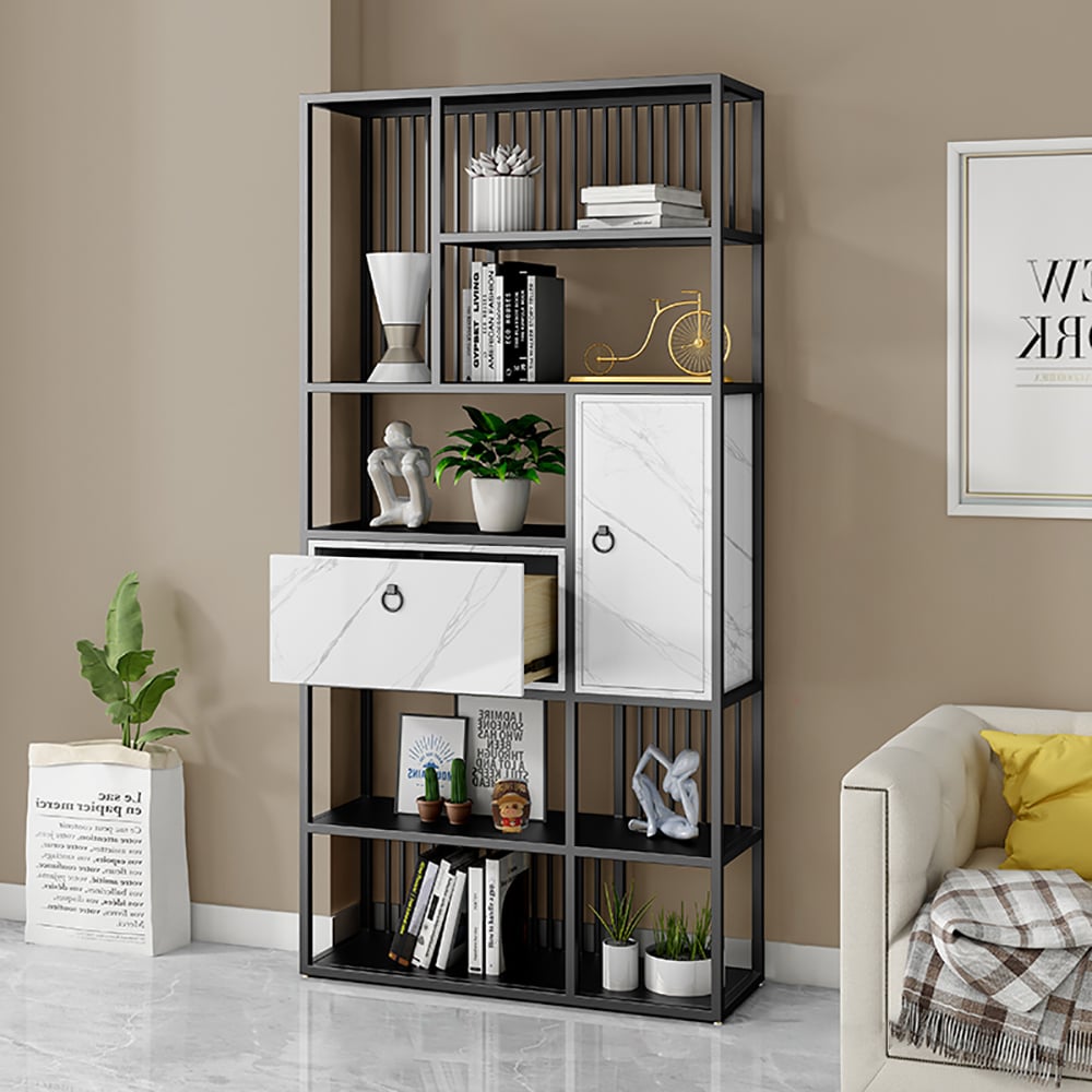 Bibliothèque géométrique moderne à 5 niveaux 1800 mm avec 1 tiroir et 1 porte en noir et or image de fenêtre