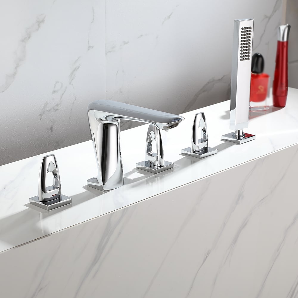 Modern Deck Mounted 3-Handle Roman Tub Faucet with Sprayer in Polished Chrome window image