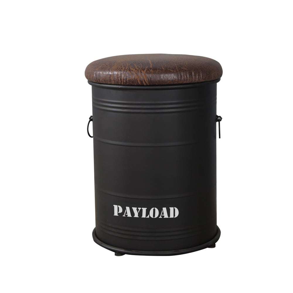 Tabouret d'inspiration industrielle avec tambour de rangement en métal noir avec tabouret d'appoint en cuir PU image de fenêtre