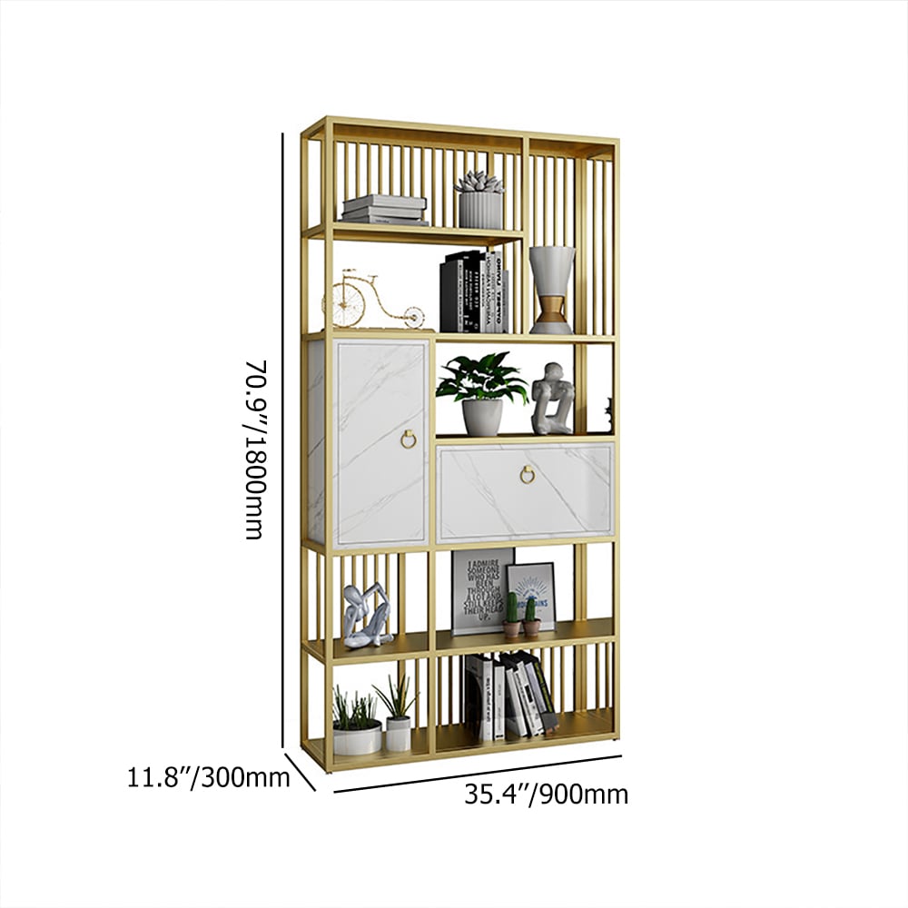 1800mm Modern 5-Tier Geometric Bookshelf with 1 Drawer and 1 Door in White & Gold weights dimensions image