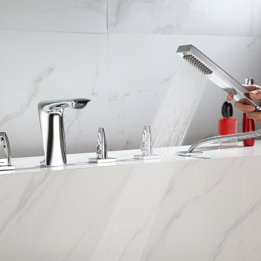 Modern Deck Mounted 3-Handle Roman Tub Faucet with Sprayer in Polished Chrome window image