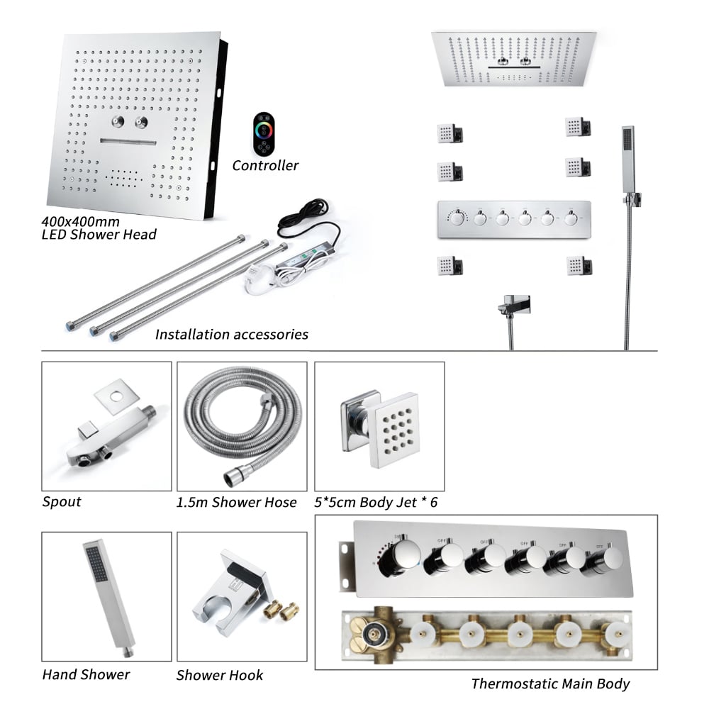 Wall-Mounted 16" Shower System Rainfall 5 Functions Thermostatic window image