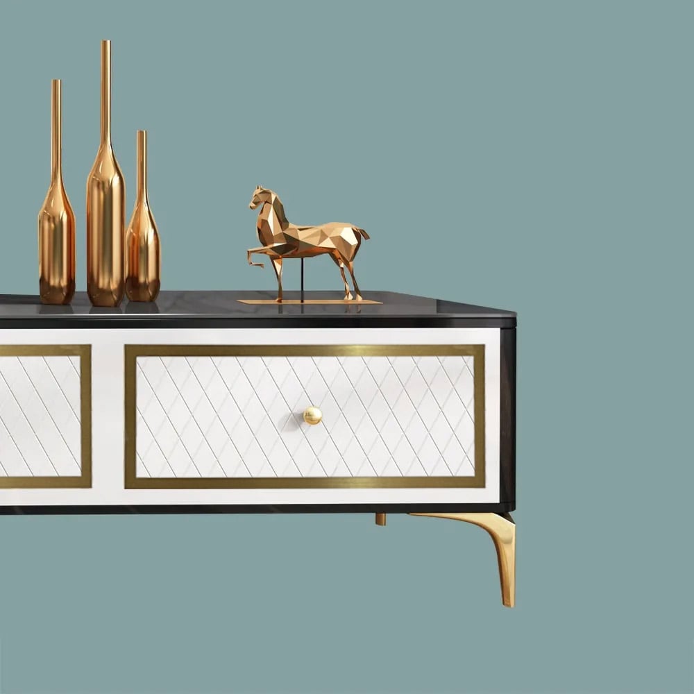 White & Black TV Stand Tempered Glass Top Media Console for TVs up to 80" in Gold window image