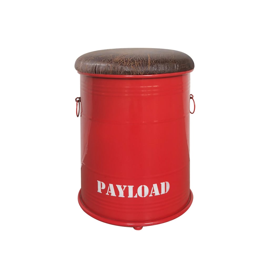 Tabouret d'inspiration industrielle à baril d'huile rouge avec rangement en métal tambour d'appoint tabouret d'appoint en similicuir image de fenêtre
