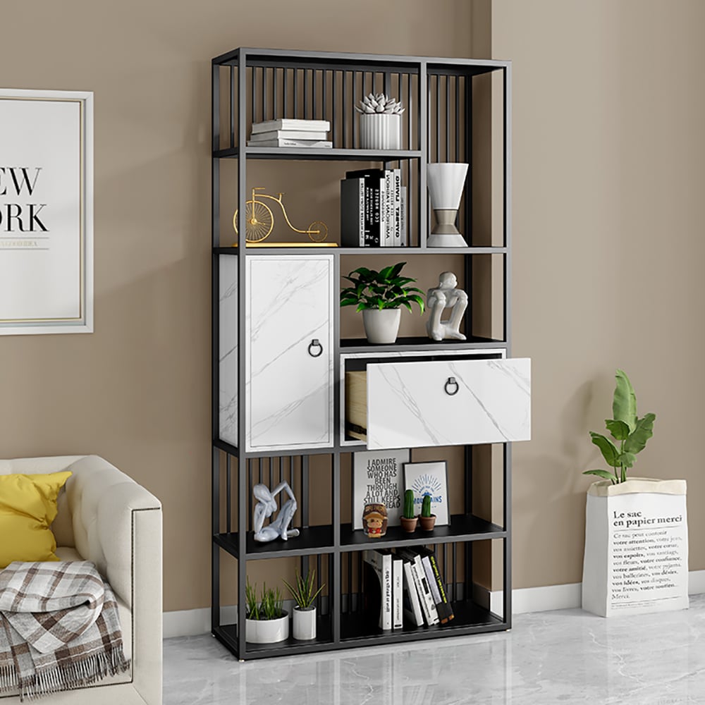 Bibliothèque géométrique moderne à 5 niveaux 1800 mm avec 1 tiroir et 1 porte en noir et or image de fenêtre