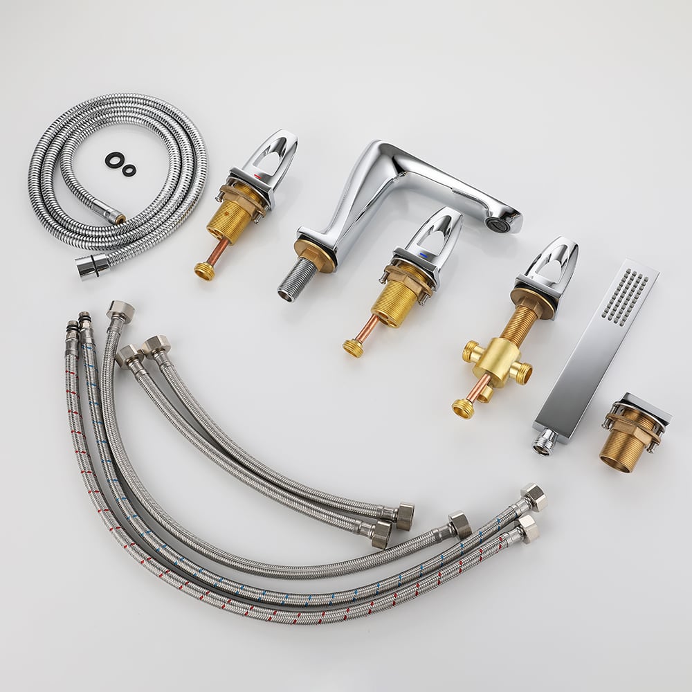 Modern Deck Mounted 3-Handle Roman Tub Faucet with Sprayer in Polished Chrome window image