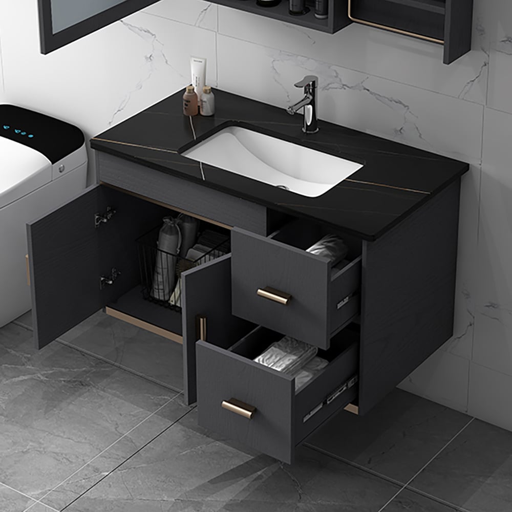 Ensemble de meuble-lavabo flottant de 35 po en bois avec dessus en pierre frittée noire et évier en céramique image de fenêtre