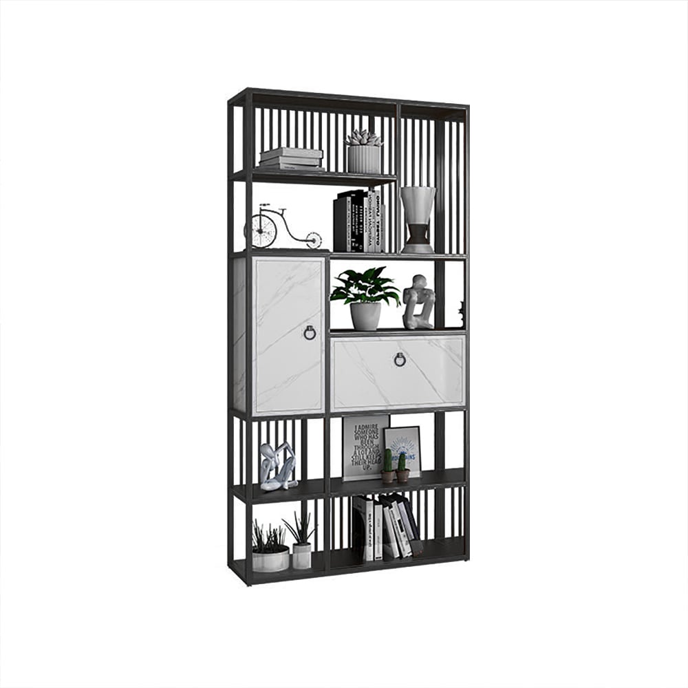 Bibliothèque géométrique moderne à 5 niveaux 1800 mm avec 1 tiroir et 1 porte en noir et or image de fenêtre