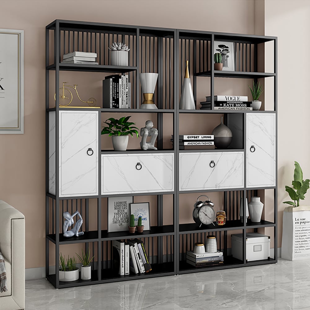 Bibliothèque géométrique moderne à 5 niveaux 1800 mm avec 1 tiroir et 1 porte en noir et or image de fenêtre