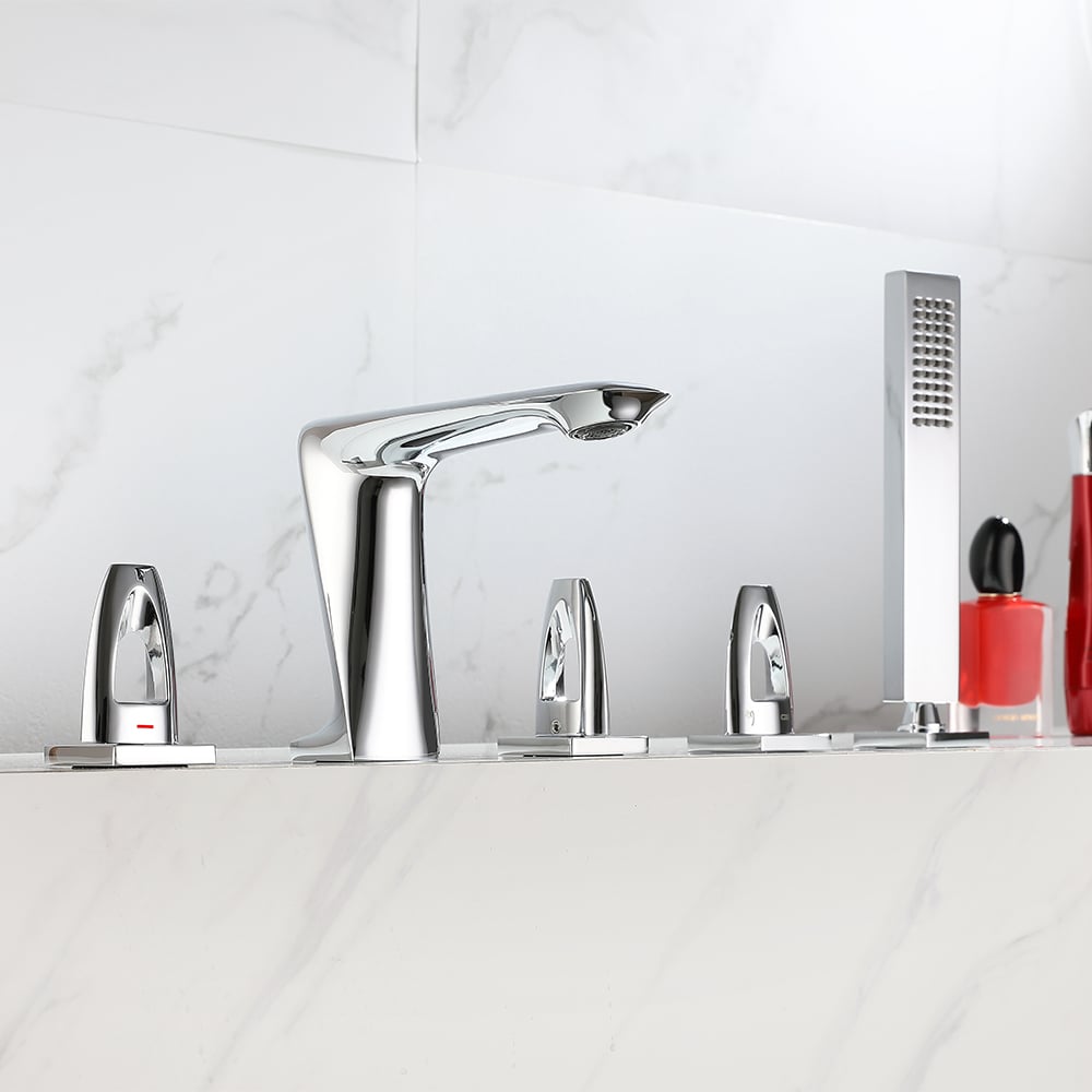 Modern Deck Mounted 3-Handle Roman Tub Faucet with Sprayer in Polished Chrome window image