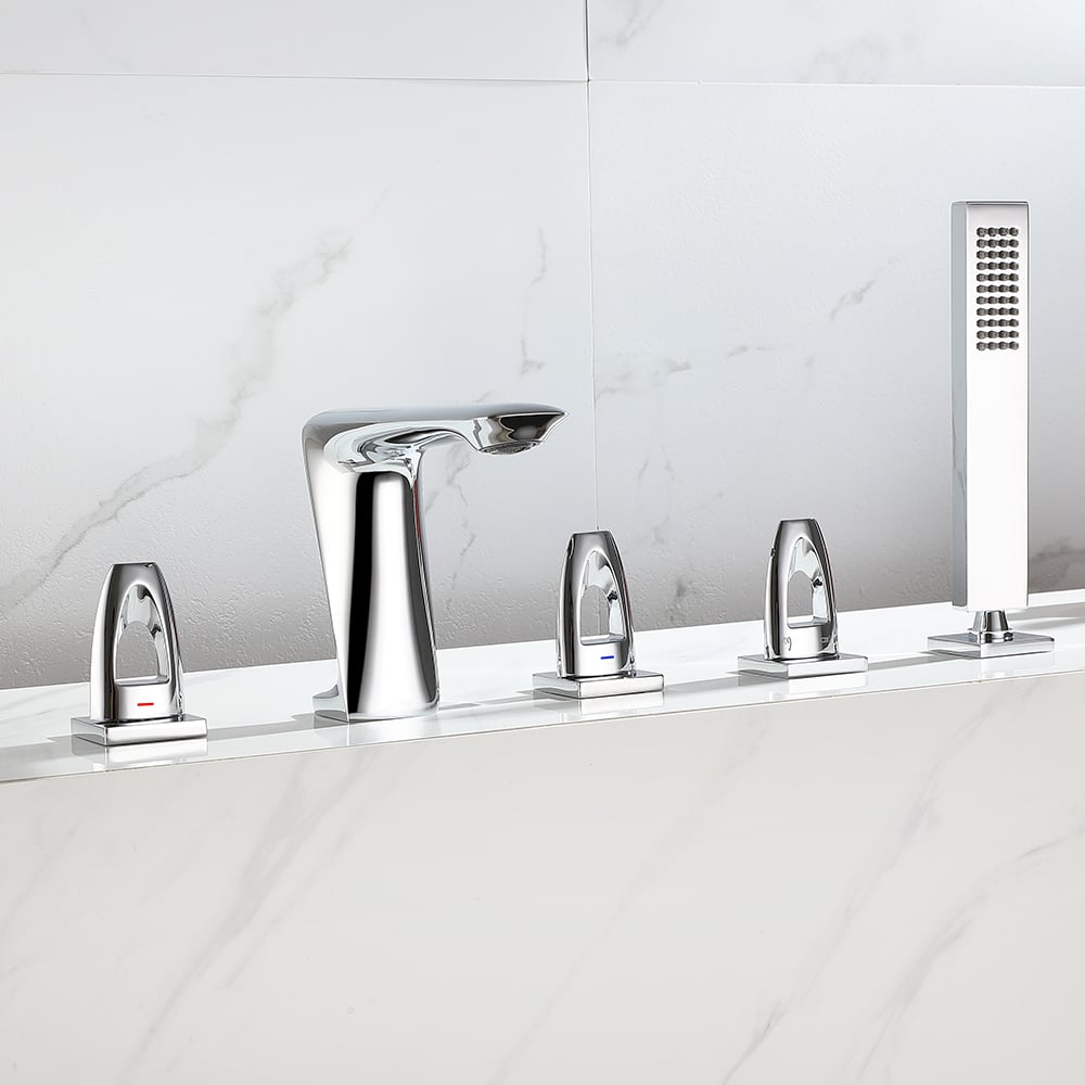 Modern Deck Mounted 3-Handle Roman Tub Faucet with Sprayer in Polished Chrome window image