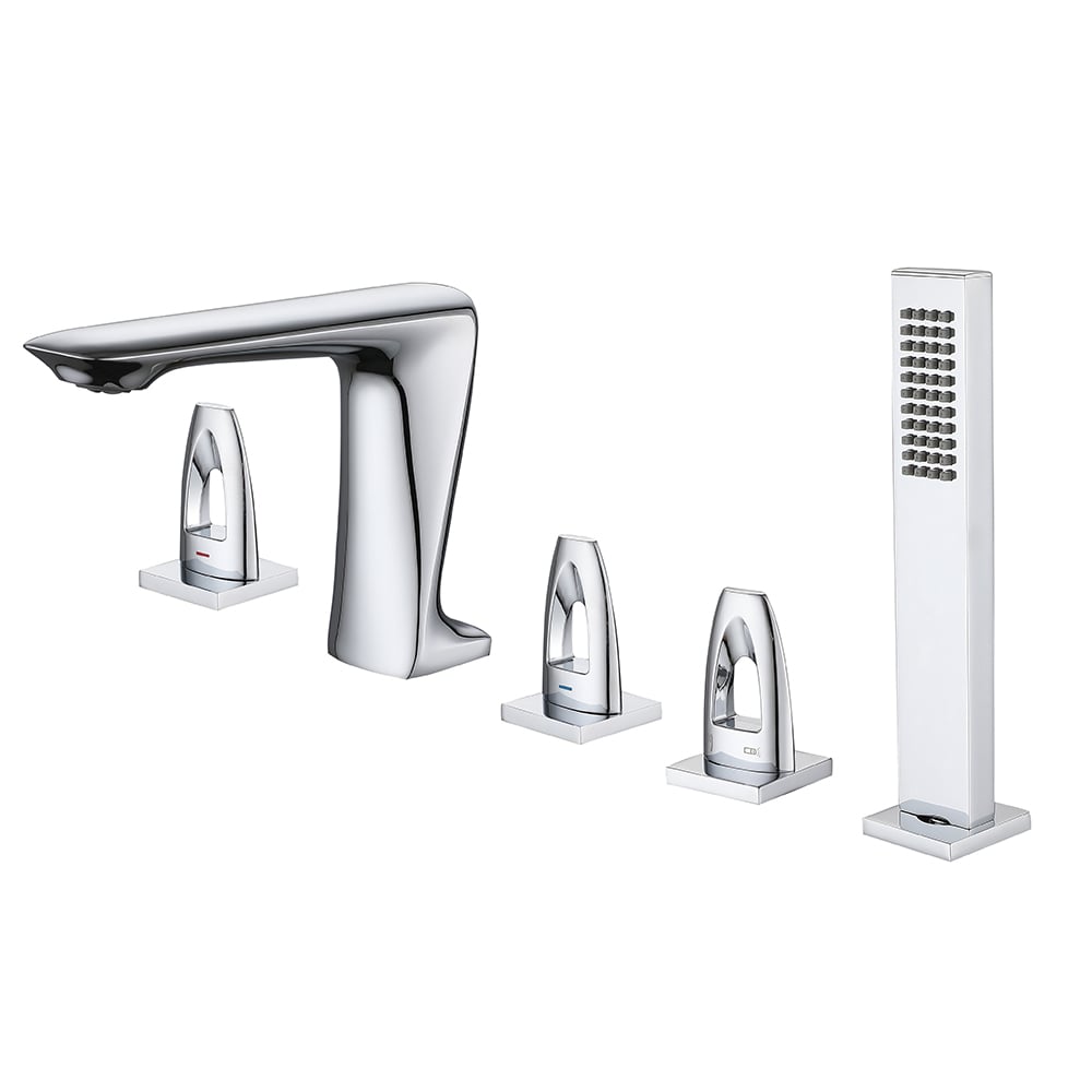 Modern Deck Mounted 3-Handle Roman Tub Faucet with Sprayer in Polished Chrome window image