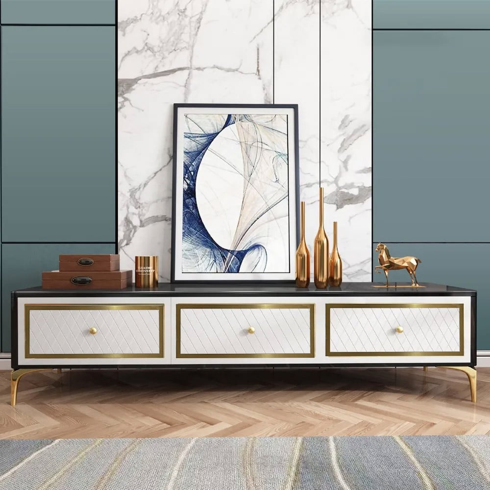 White & Black TV Stand Tempered Glass Top Media Console for TVs up to 80" in Gold window image