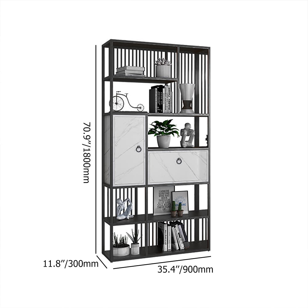 Bibliothèque géométrique moderne à 5 niveaux 1800 mm avec 1 tiroir et 1 porte en noir et or Poids, dimensions, image