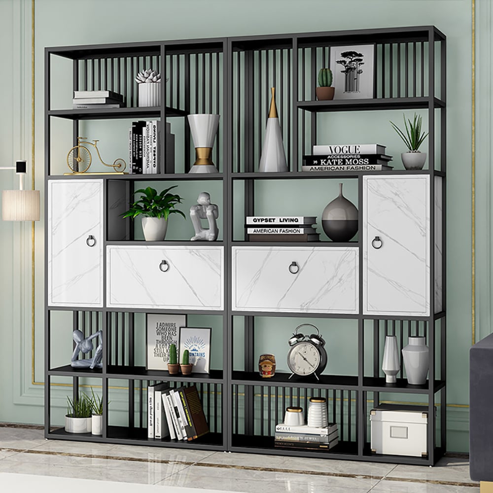 Bibliothèque géométrique moderne à 5 niveaux 1800 mm avec 1 tiroir et 1 porte en noir et or image de fenêtre