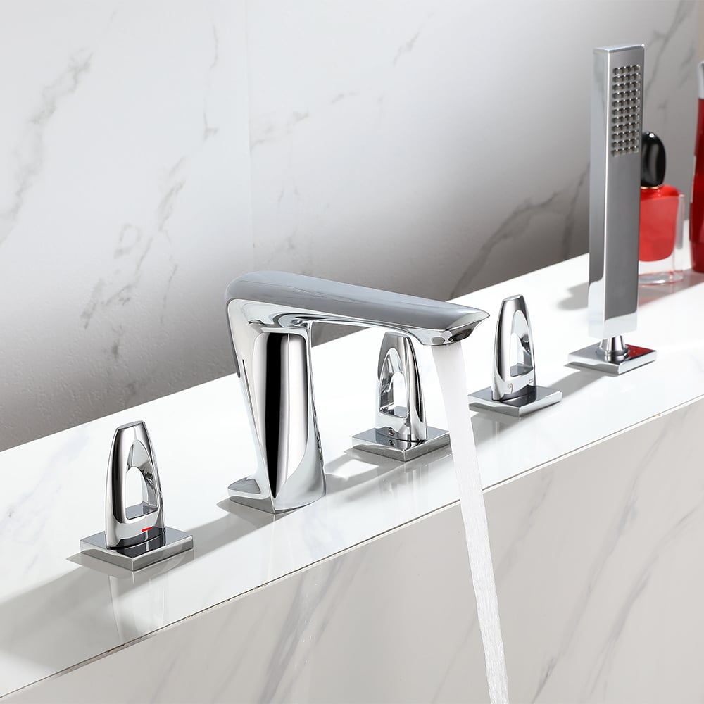 Modern Deck Mounted 3-Handle Roman Tub Faucet with Sprayer in Polished Chrome window image