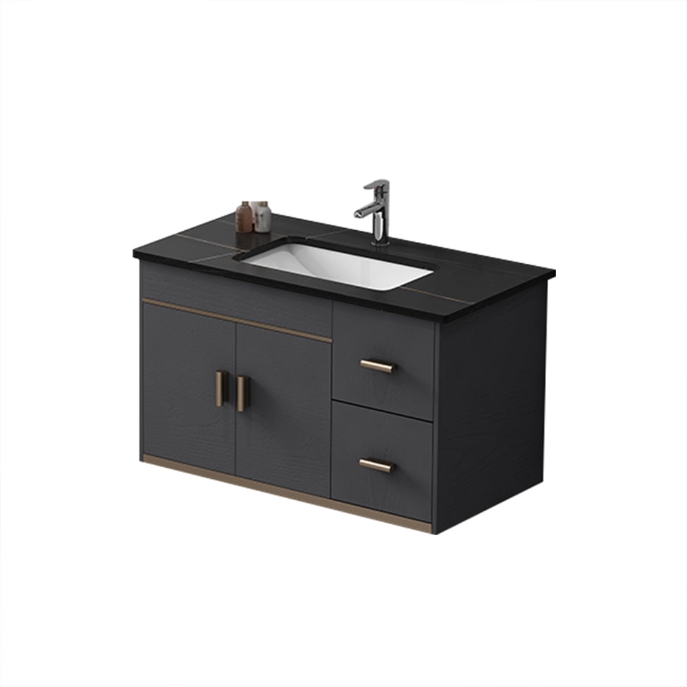 Ensemble de meuble-lavabo flottant de 35 po en bois avec dessus en pierre frittée noire et évier en céramique image de fenêtre