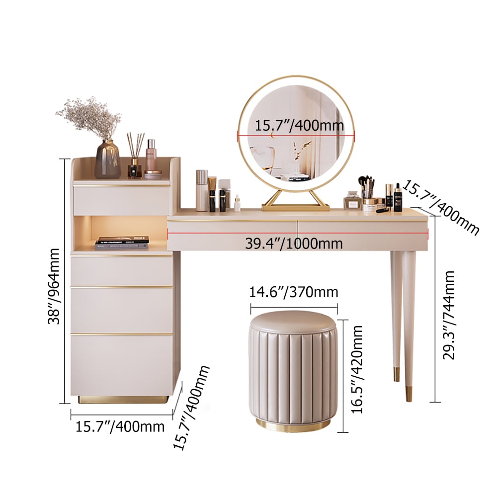 Off-white Makeup Vanity Set Dressing Table with Lighted Mirror Cabinet & Stool Included window image