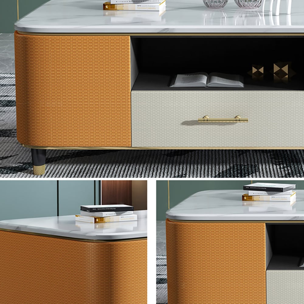 Table basse moderne en marbre blanc 1300 mm avec tiroirs de rangement Revêtement en cuir orange image de fenêtre