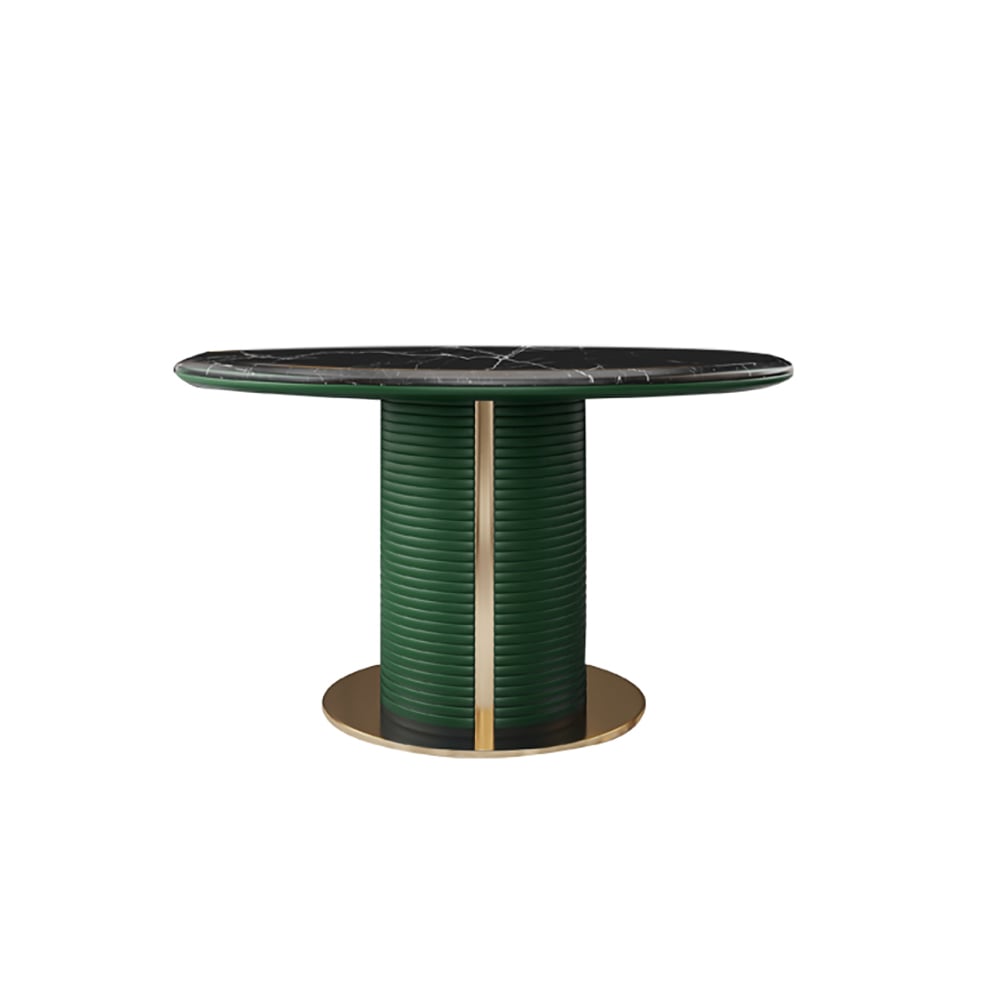 51.2" Round Modern Marble Dining Table with Stainless Steel & Leather Pedestal window image
