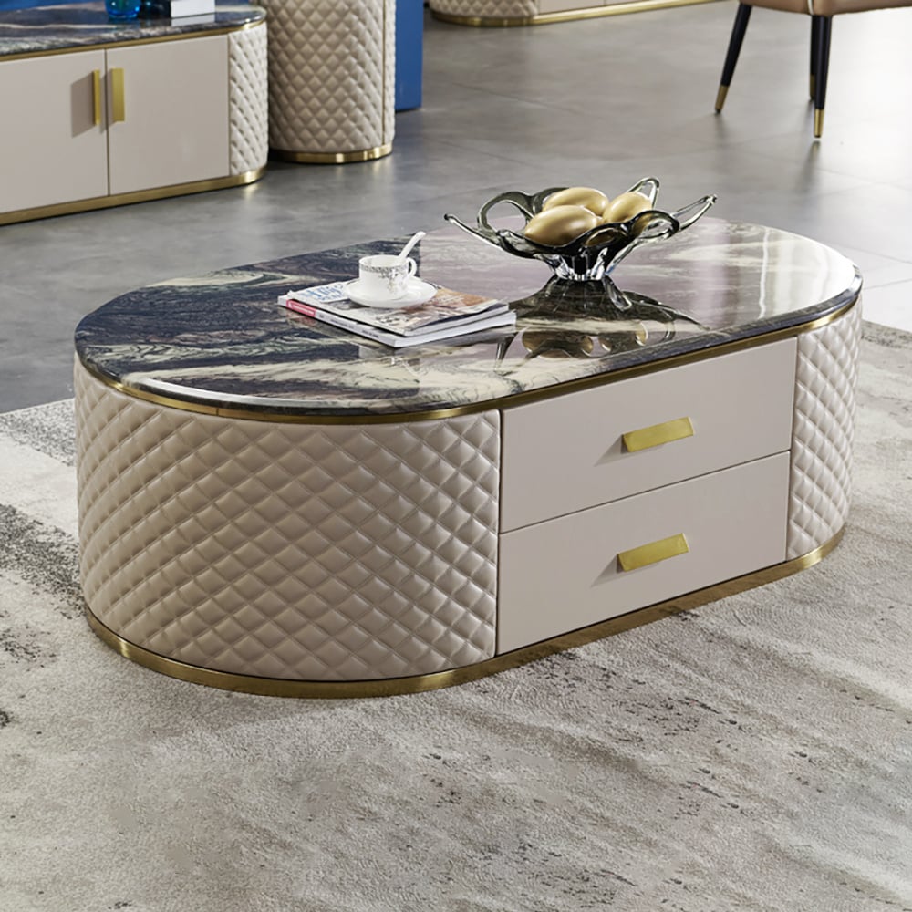 Table basse ovale moderne en cuir de marbre noir 1300 mm avec tiroirs de rangement image de fenêtre