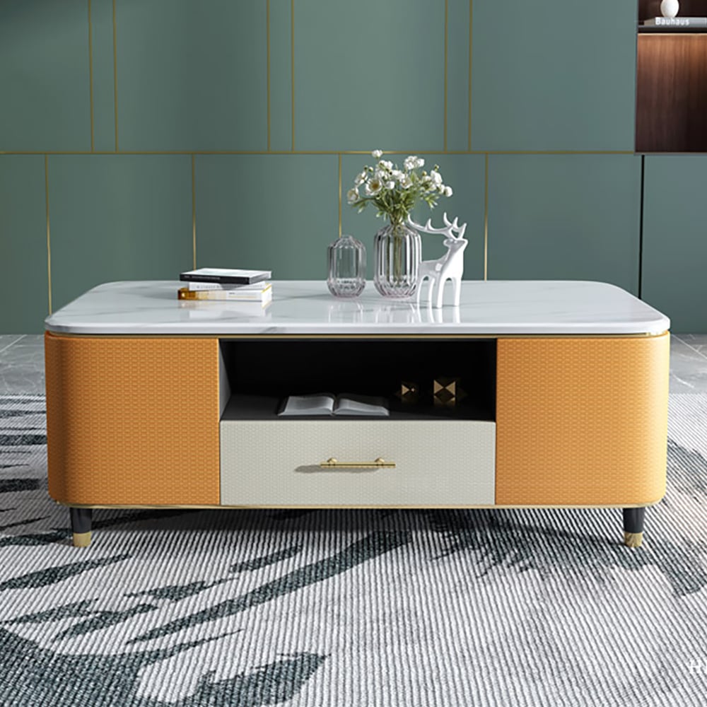 Table basse moderne en marbre blanc 1300 mm avec tiroirs de rangement Revêtement en cuir orange image de fenêtre