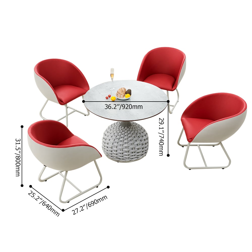 5-teiliges rot-weißes Terrassen-Esszimmer-Set mit rundem Tisch und 4 Lederstühlen Schaufensterbilder