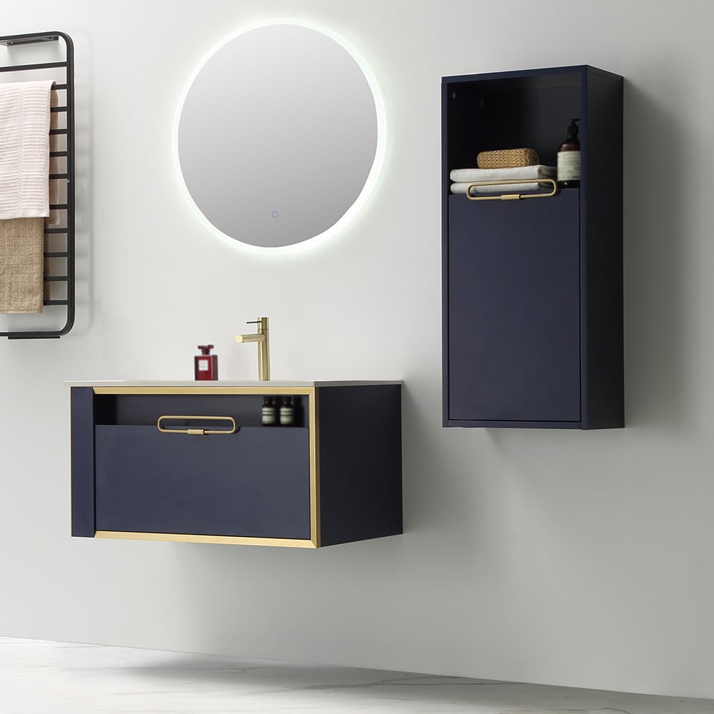 Vanité de salle de bain flottante moderne avec meuble de salle de bain encastré en bleu marine image de fenêtre