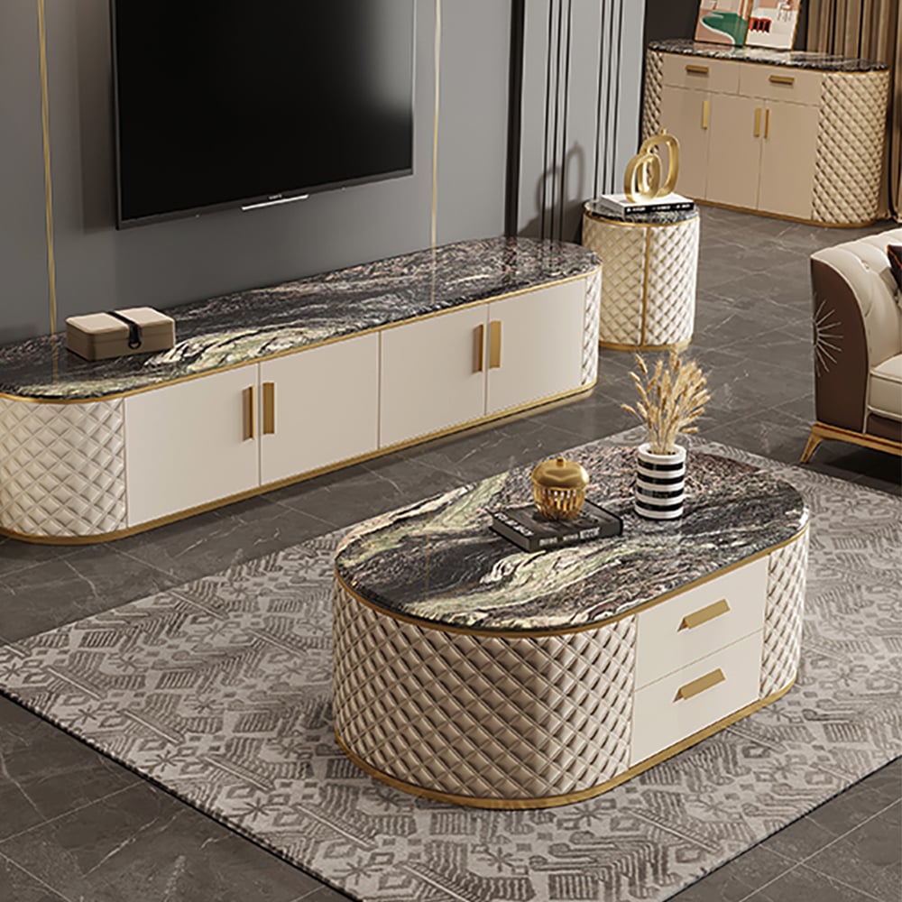 Table basse ovale moderne en cuir de marbre noir 1300 mm avec tiroirs de rangement image de fenêtre