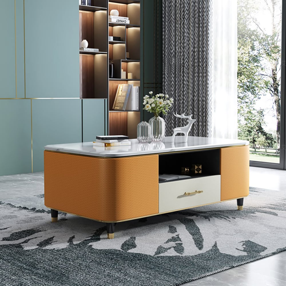 Table basse moderne en marbre blanc 1300 mm avec tiroirs de rangement Revêtement en cuir orange image de fenêtre